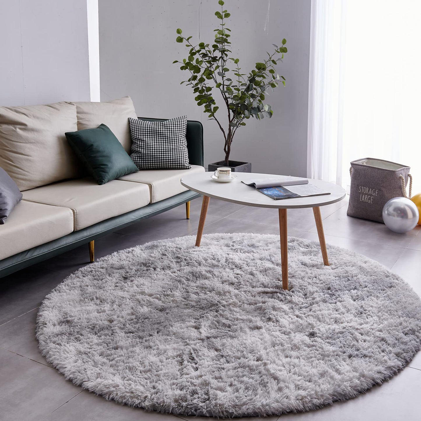 FJZFING Tie-Dyed Light Grey Round Rug Ultra-Soft Plush Modern 4x4 Circle Area Rug for Kid's Bedroom, Fluffy Shag Circular Rug for Nursery Room, Non-Slip Tie-Dyed Light Grey Rug for Teen's Room
