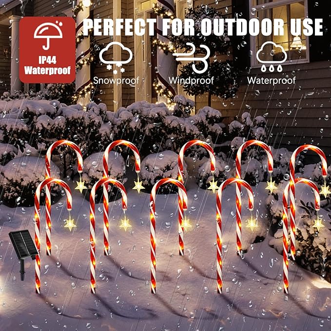 Christmas Decorations, 10 Pcs Christmas Candy Cane Lights with Star, 21'' Solar Pathway Lights with 8 Lighting Modes, Waterproof Garden Lights for Outdoor Christmas Patio Yard Walkway Decorations