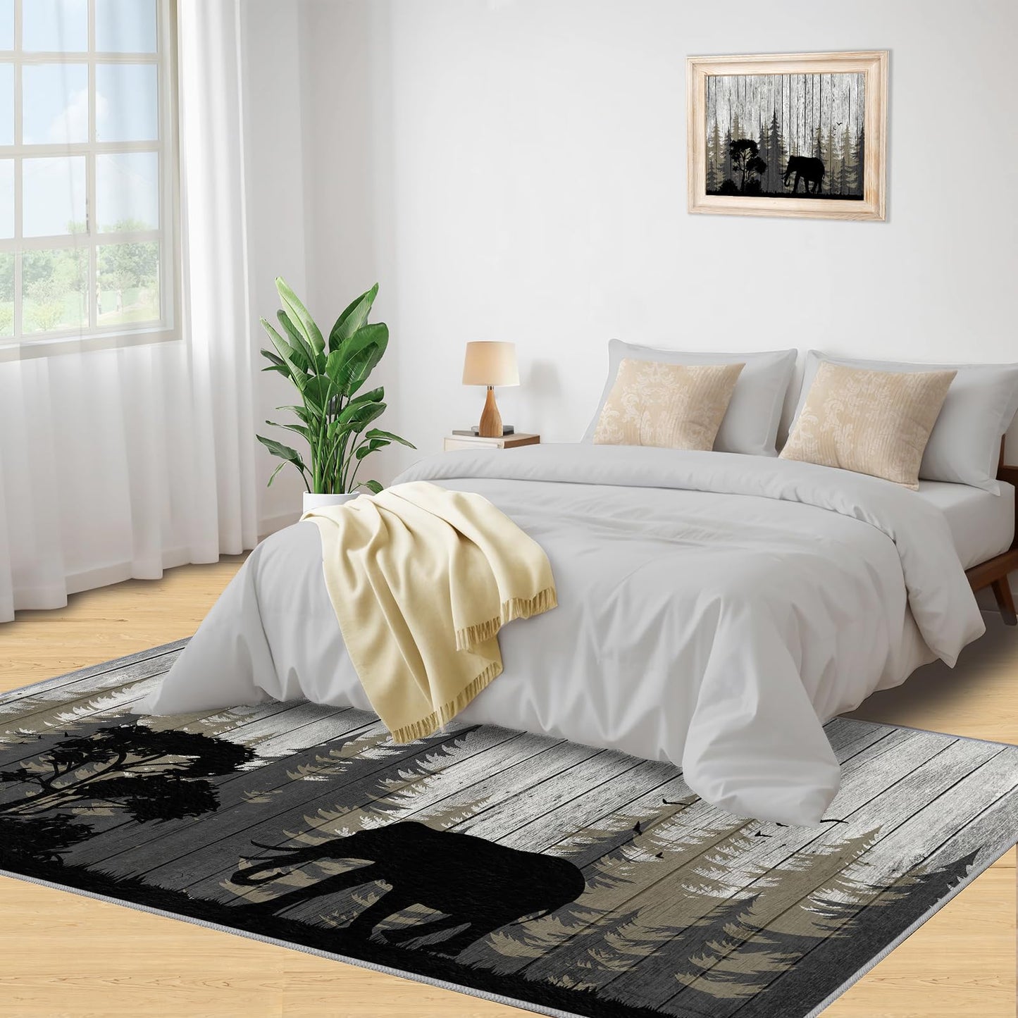 Retro Country Style Area Rug - 4' x 5' Wooden Board Animal Silhouettes Indoor Rug, Easy Care Machine Washable Large Carpet for Living Room Bedroom Dining Room Office