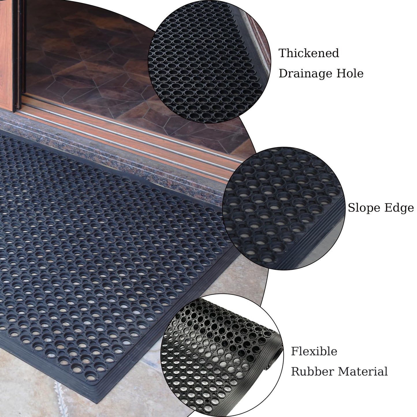 OrangeStar Anti-Fatigue 4-Pack Rubber Floor Mat, 24”x36” Restaurant Kitchen Commercial Drainage Mats, Non-Slip Door Mat w/Holes for Indoor Outdoor Bar Pool, Black