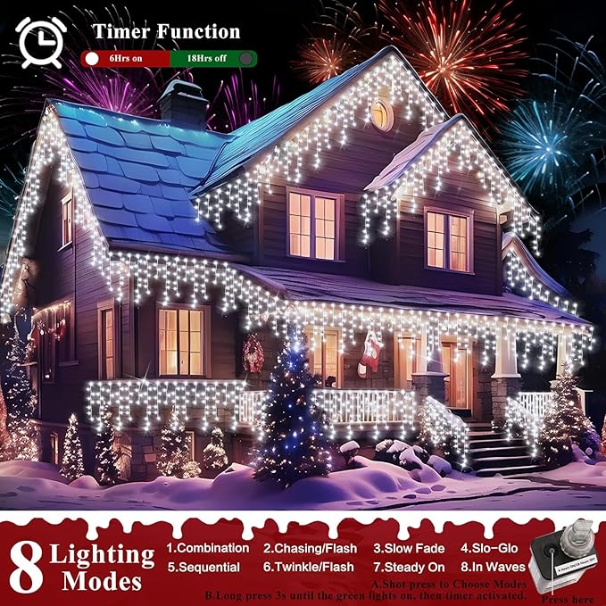XURISEN 132ft Christmas Lights Decorations Outdoor, 1280 LED 8 Modes Fairy Lights with 240 Drops,Plug in Waterproof Timer Memory Function for Christmas Holiday Wedding Party Decorations(Cool White)