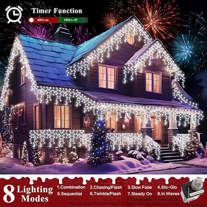 XURISEN 132ft Christmas Lights Decorations Outdoor, 1280 LED 8 Modes Fairy Lights with 240 Drops,Plug in Waterproof Timer Memory Function for Christmas Holiday Wedding Party Decorations(Cool White)