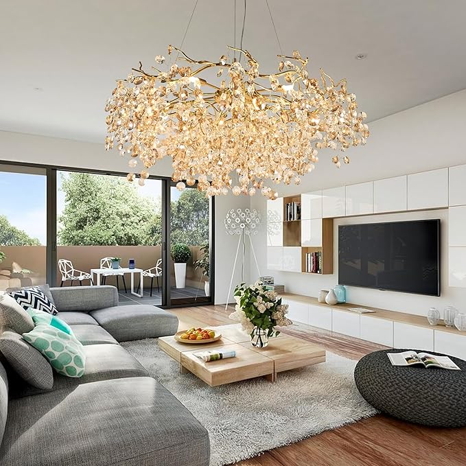 Modern Crystal Chandelier, Rectangular Gold Tree Branch Chandeliers, Luxury Raindrop Ceiling Light Fixture for High Ceiling, Dining Room, Kitchen, Office, Living Room