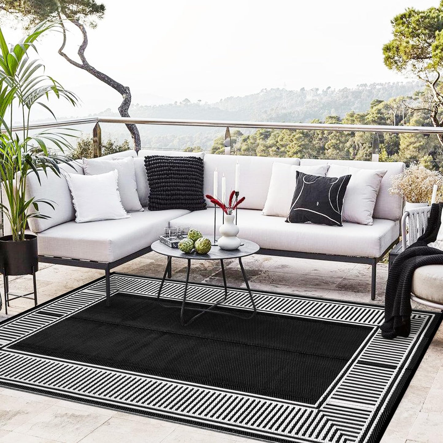 GAOMON Outdoor Patio Rug 8x10 Reversible Camping Mat, Stain-Resistant Plastic Straw Rug, Easy to Clean, Waterproof Indoor Outdoor Carpet for Porch, Deck, Balcony, Beach, GardenBorder-Black