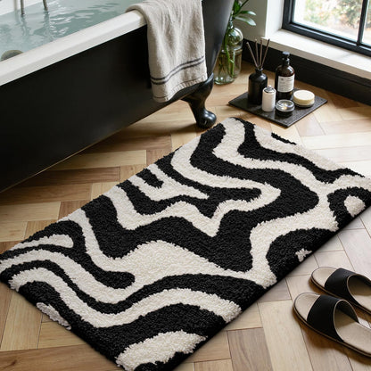 LUMI Non Slip Bathroom Rug Modern Aesthetic, Ultra Soft Absorbent Washable Bath Mats, Quick Dry Premium Floor Rugs for Shower, Tub, Black and White, 24x43