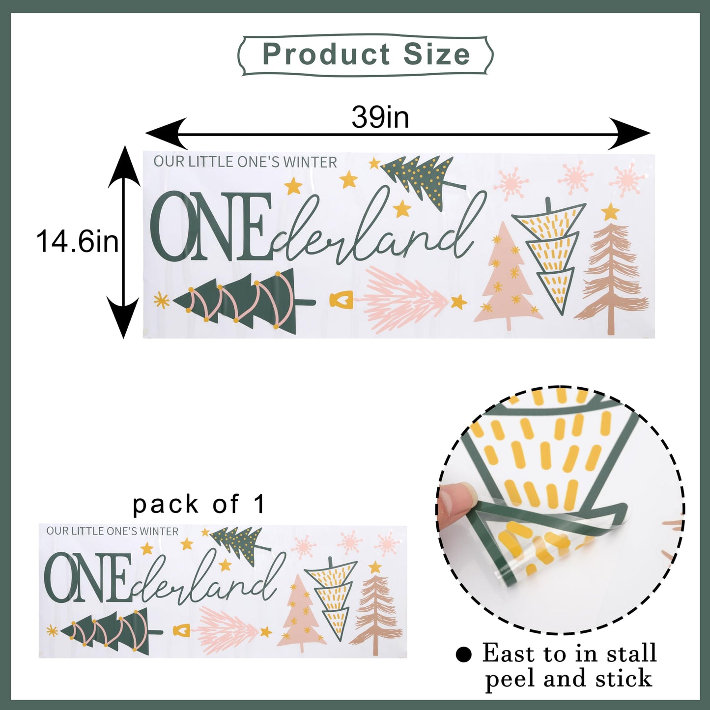Our Little One's Winter ONEderland Decal - Winter 1st Birthday Party Decorations,Pink Green Christmas Trees Sign Stickers,Frozen Wonderland Party Wall Decals,First Snowflake Holiday Decoration
