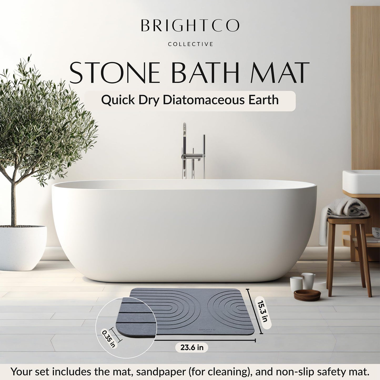 BrightCo Collective Quick Dry Stone Bath Mat – Diatomaceous Earth Foot Pad, Super Absorbent Hard Shower Rug – Modern Anti-Slip Design for Bathroom Floor, 23.6x15.3in, Deep Charcoal – The Meridian