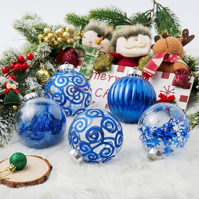 XmasExp 8ct Christmas Ball Ornaments Set -Large Clear Plastic Shatterproof Xmas Tree Ball Hanging Baubles Stuffed Delicate Glittering for Holiday Wedding Xmas Party Decoration (100mm/3.94",Blue)