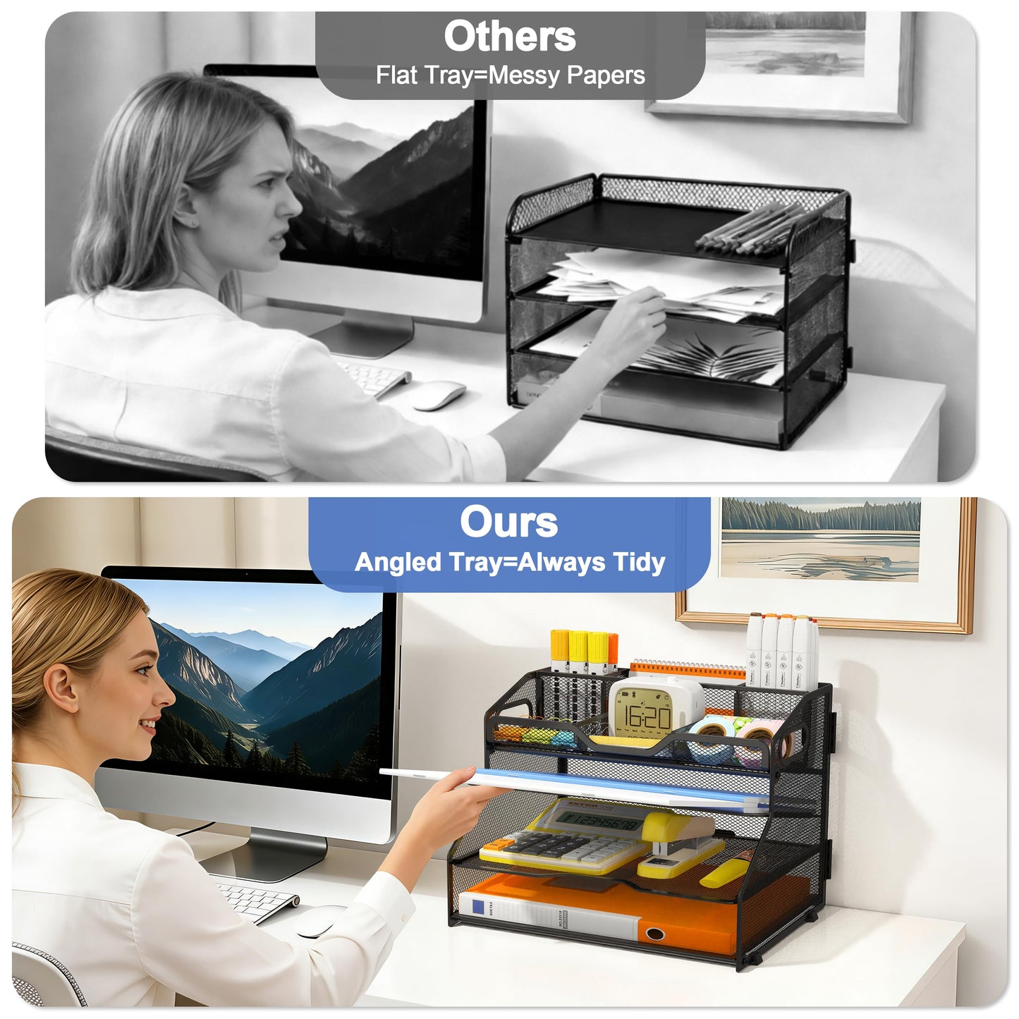 NextFile 4 Tier Desk Orgnizers and Accessories, Metal Magazine File Holder with Pencil Holder and Handles, Space Saving Desktop Storage for School Office Supplies(Black)