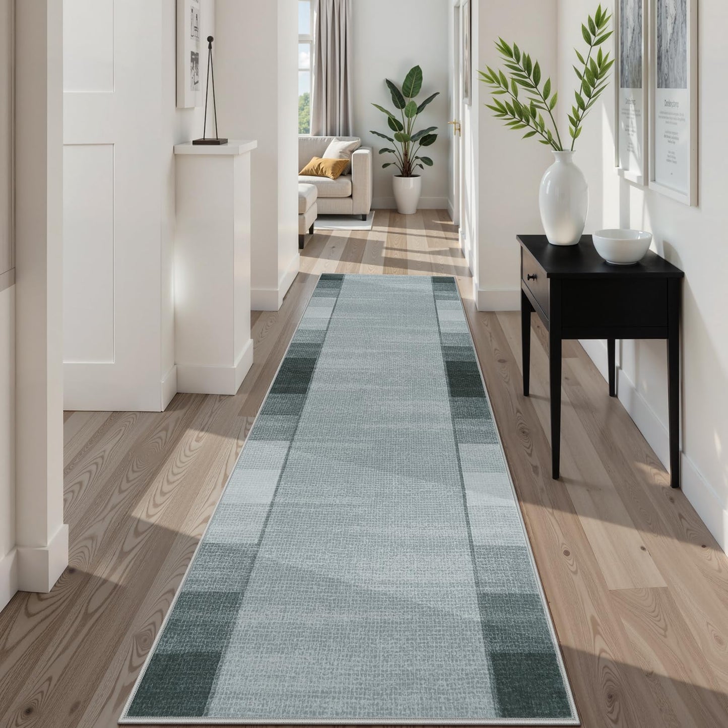 Uphome Modern Runners for Hallways, 2'6x8 Washable Checkered Kitchen Runner Rugs Non Slip, Stain Resistant Ombre Geometric Entryway Runner Rug Low Pile, Soft Carpet for Hallway Bedroom Bathroom, Grey