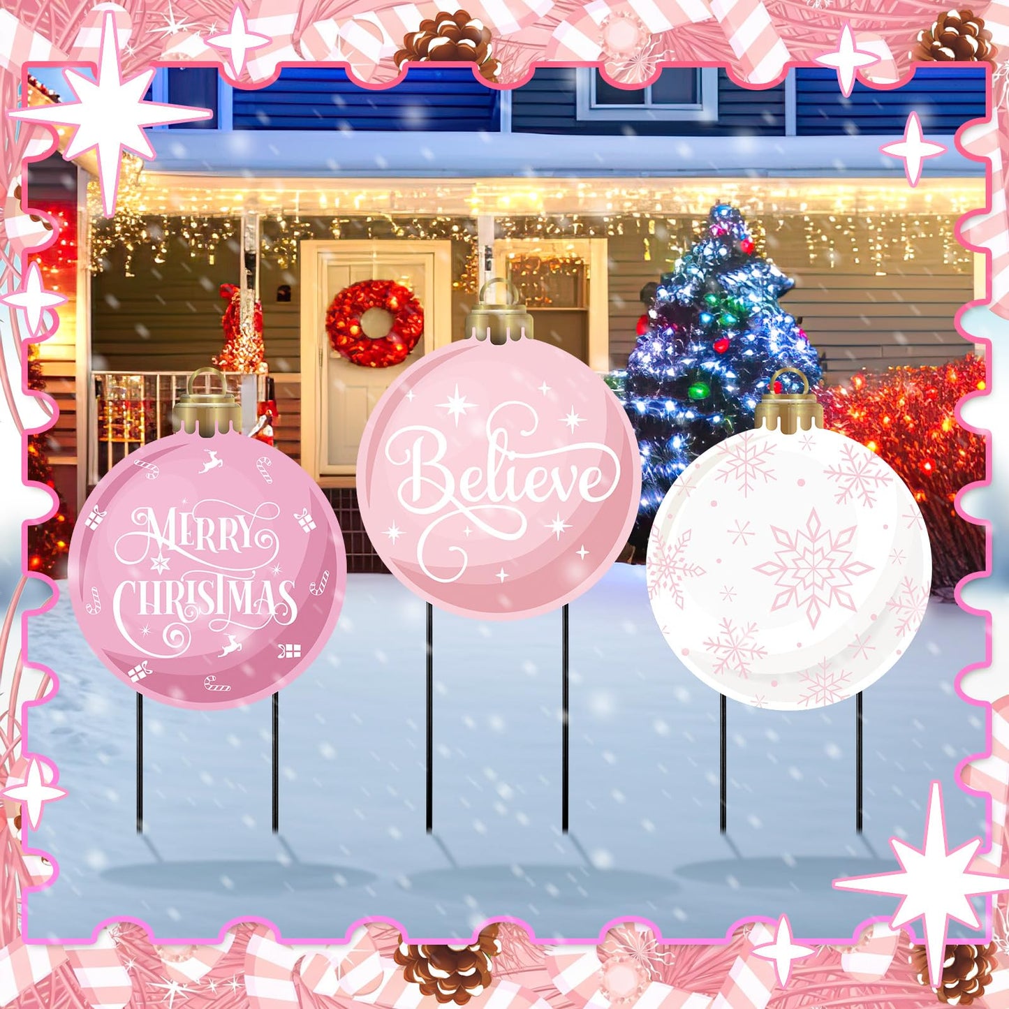 MorningRo 3 Pcs Pink Christmas Balls Yard Signs 20'' H Metal Outdoor Waterproof Xmas Yard Sign Stake with Snowflake Believe Merry Christmas Design for Porch Patio Lawn Garden Pathway Holiday Decor