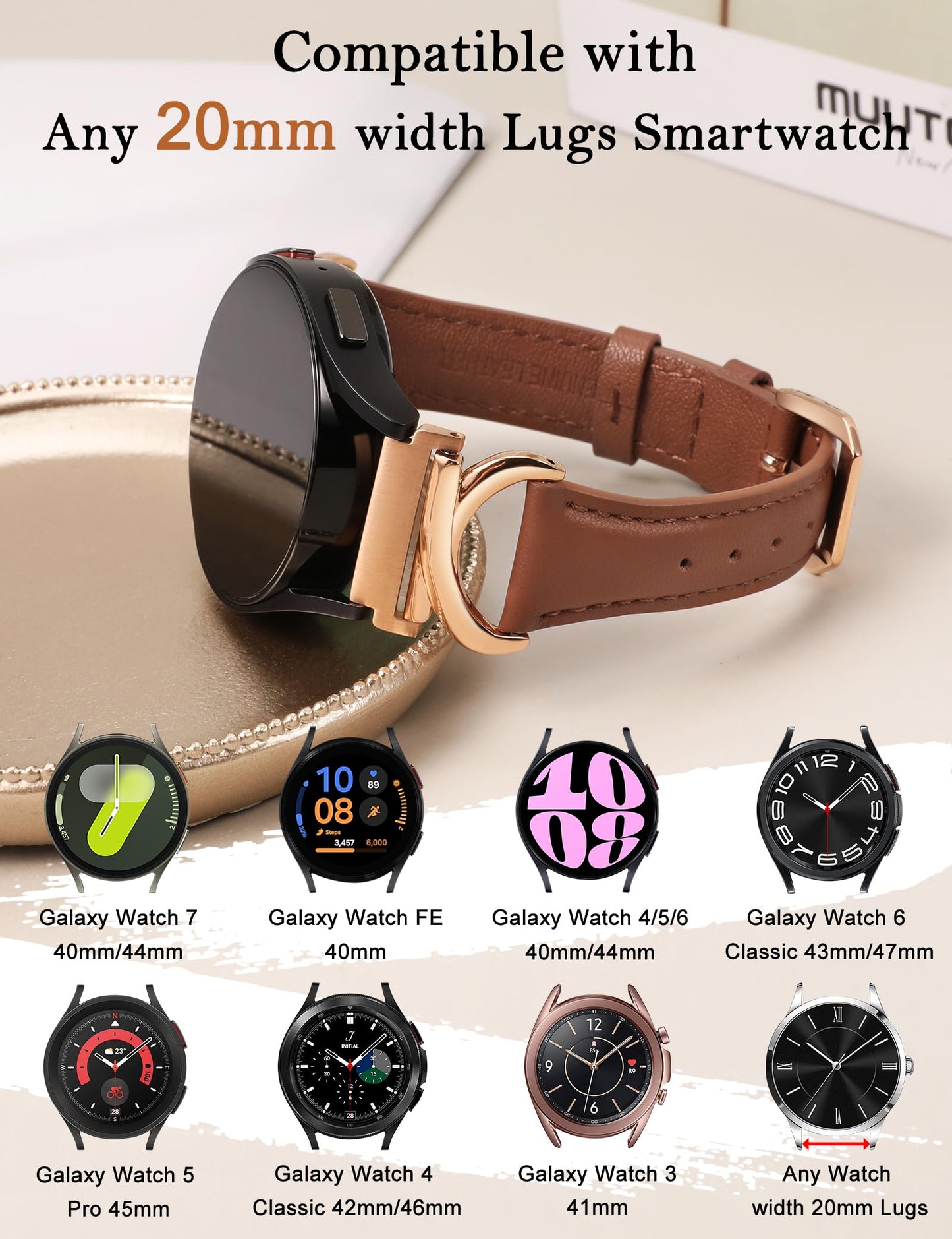 Minyee Leather Bands Compatible with Samsung Galaxy Watch 7/6/5/4/FE/Active 2 40mm 44mm/Watch 6 Classic 43mm 47mm/Watch 5 Pro 45mm Band, 20mm Slim Dressy Leather Strap with C-Shape Metal Buckle Women
