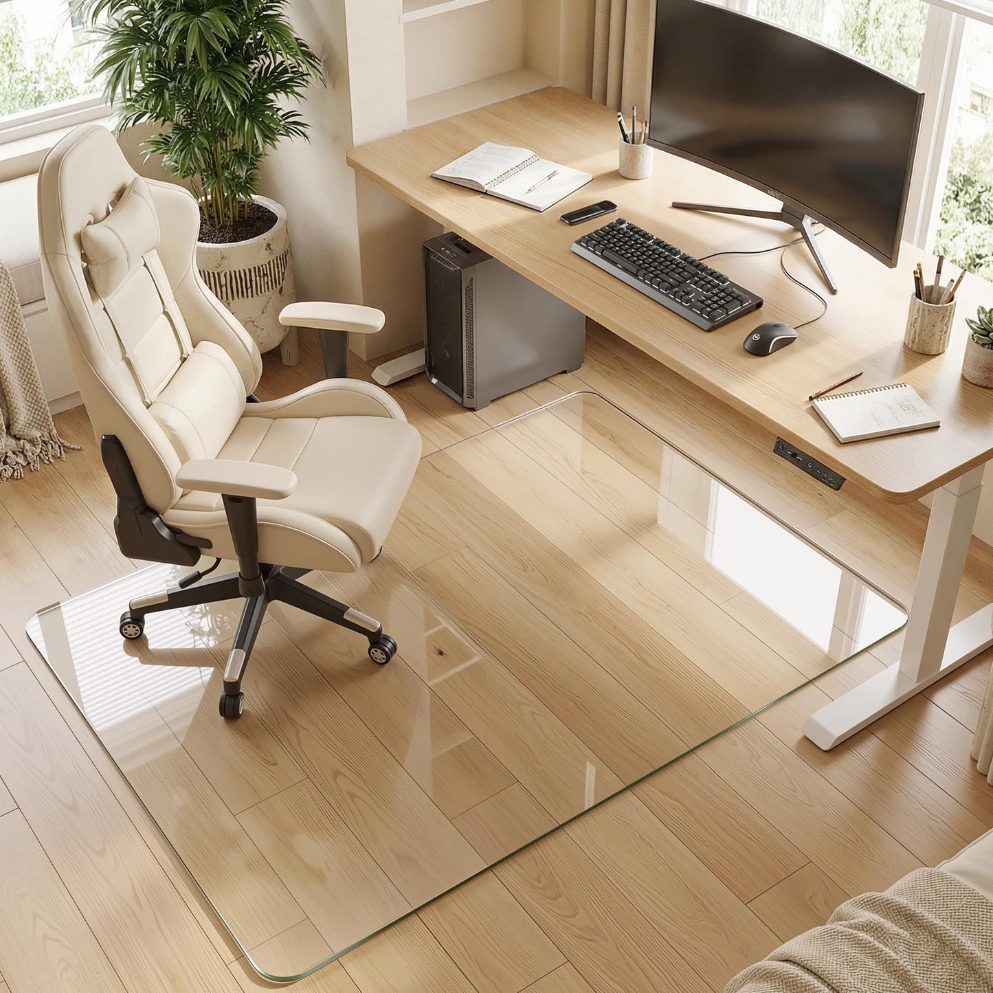 Furnbar Tempered Glass Chair Mat for Hardwood Floor, 36" x 48" Heavy Duty Glass Office Chair Mat, for Low Pile Carpet, 0.2" Thick with 4 Non-Slip Pads, Smooth Rolling for Home & Office