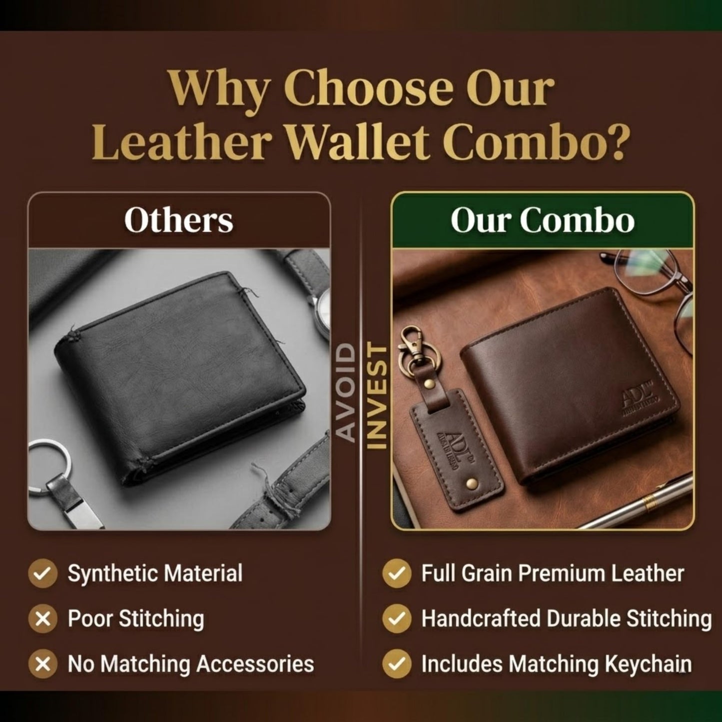 Aura Di Lusso Handmade Full Grain Premium Leather Wallet & Keychain Combo Set for Men | Stylish & Durable Gift Combo | Ideal for Everyday Use | Luxury Accessories for Men (Dark Brown)