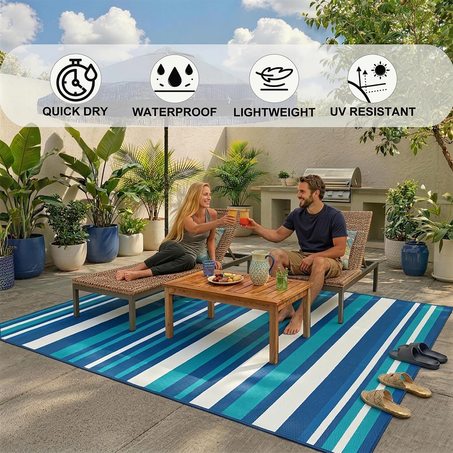 LANVIA Outdoor Patio Rug Camping Essentials - 4x6 FT Outdoor Plastic Straw Rug for Patio Clearance, Waterproof RV Essentials Outside Area Rugs for Deck Garden, Backyard Patio Furniture Set, Blue