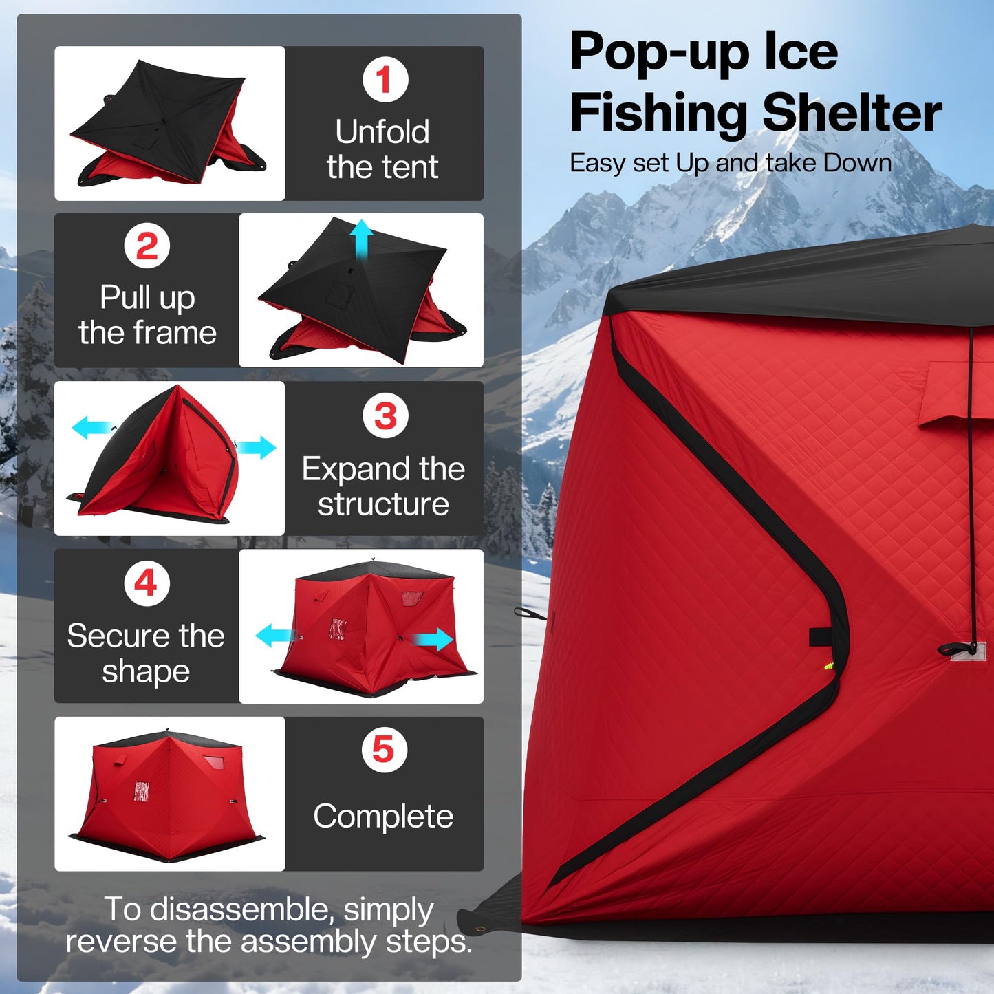 Albott Insulated Pop-Up Ice Fishing Tent, 4–5 Person Ice Shanty with 3-Layer Oxford Fabric, Waterproof Cover, Chimney Vent, Anchors & Ropes, Portable Warm Shelter with Carry Bag
