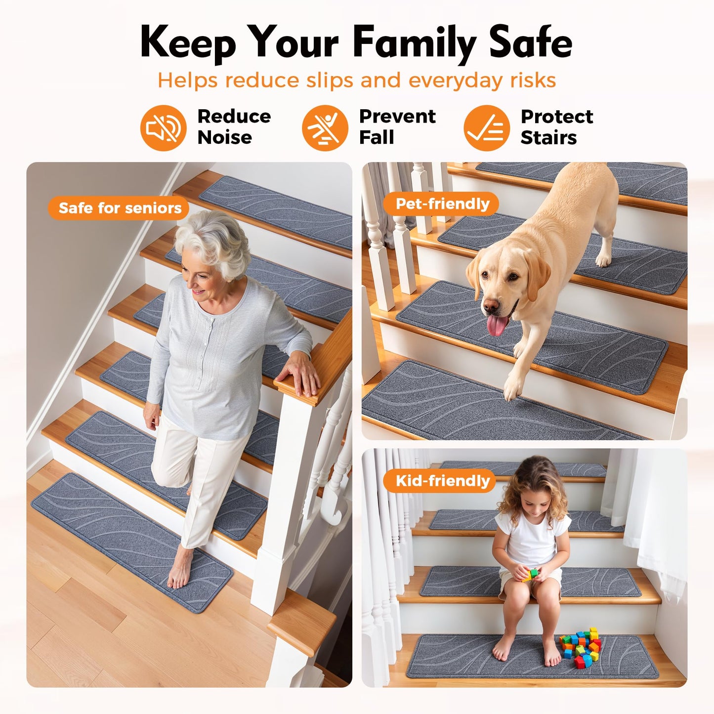 ComfyInLove Stair Treads for Wooden Steps, 15 PCS 8"x30", Non-Slip Indoor Stair Runners, Washable & Reusable Stairs Carpet Rugs with TPE Backing, No Residue, Safe for Kids, Pets, Seniors (Gray)