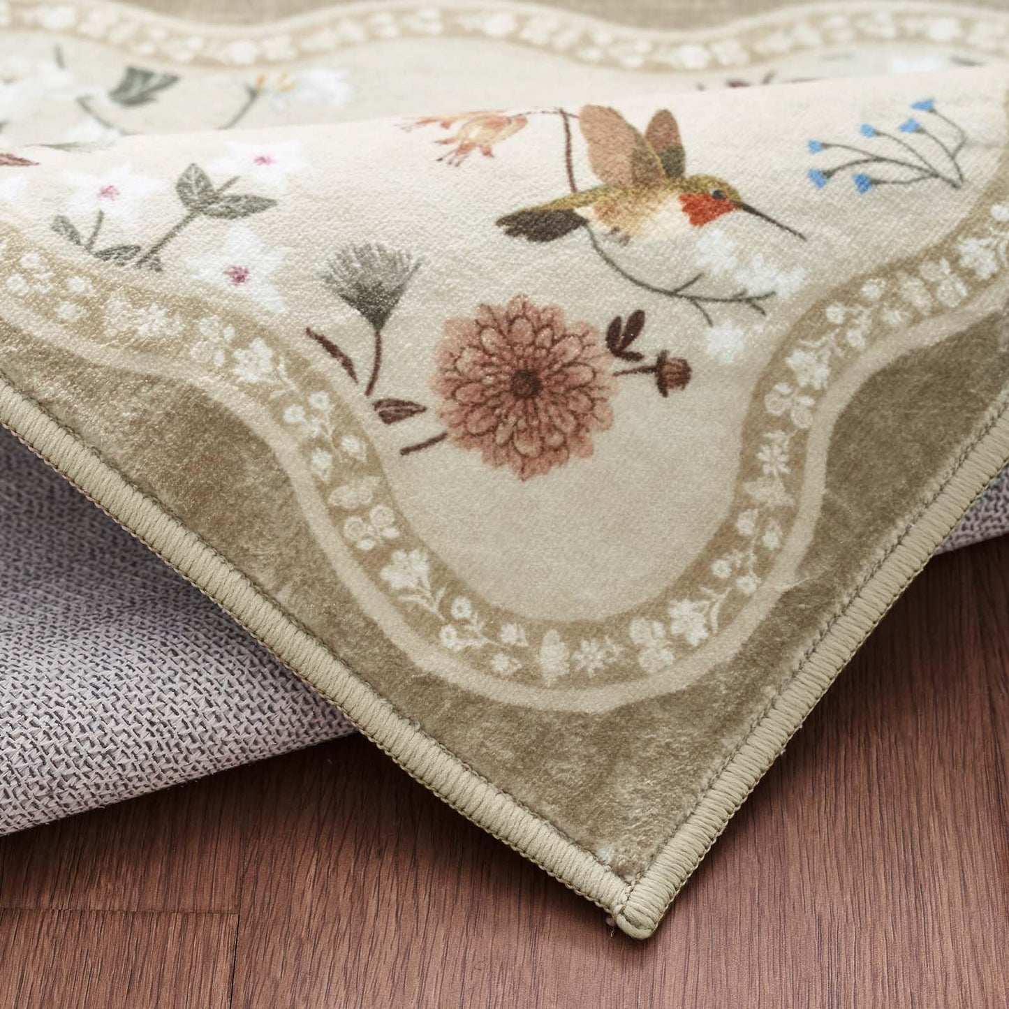 jinchan 8ft Circle Rug Floral Washable Carpet Non Slip Indoor Netural Flower Large Area Rug Round Low Pile Soft Carpet for Living Room Bedroom Dining Room Light Taupe