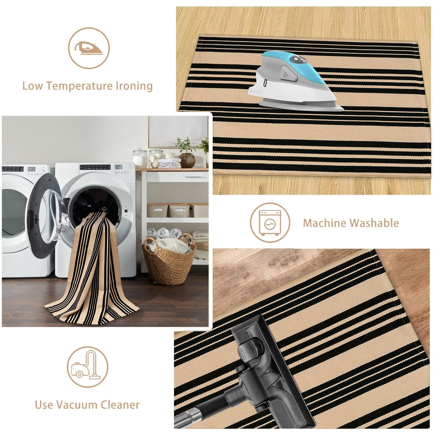 Sungea Striped Outdoor Front Door Mat 24"x51", Cotton Hand Woven Washable Black and Khaki Rug Runner, Reversible Foldable Indoor Layered Front Door Rugs for Entryway/Farmhouse/Home Entrance