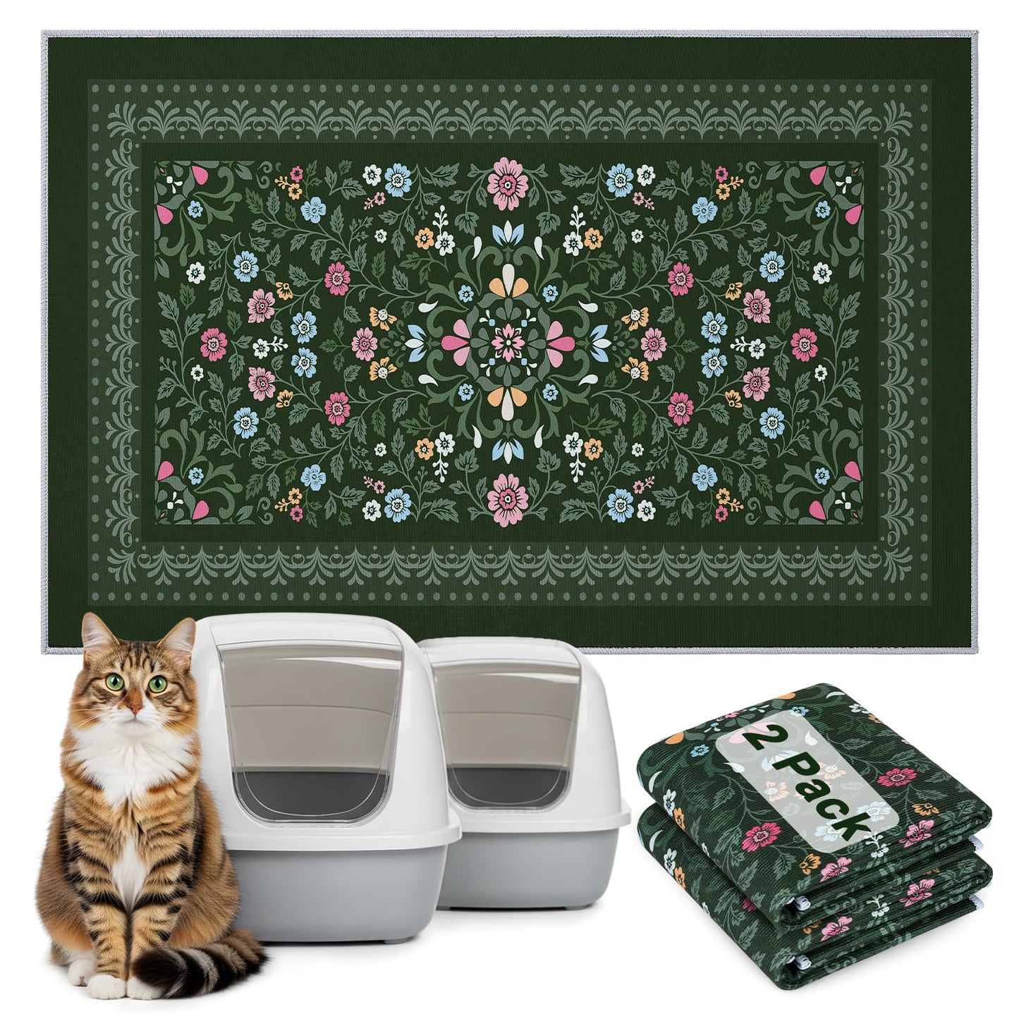 Bienbee Cat Litter Mat, 2PCS 33"x22" Machine Washable Litters Box Mats Non-Slip &Waterproof Cat Litters Trapping Mats Easy to Clean Mat for Litter Box Less Waste Protects Floors Dark Green L