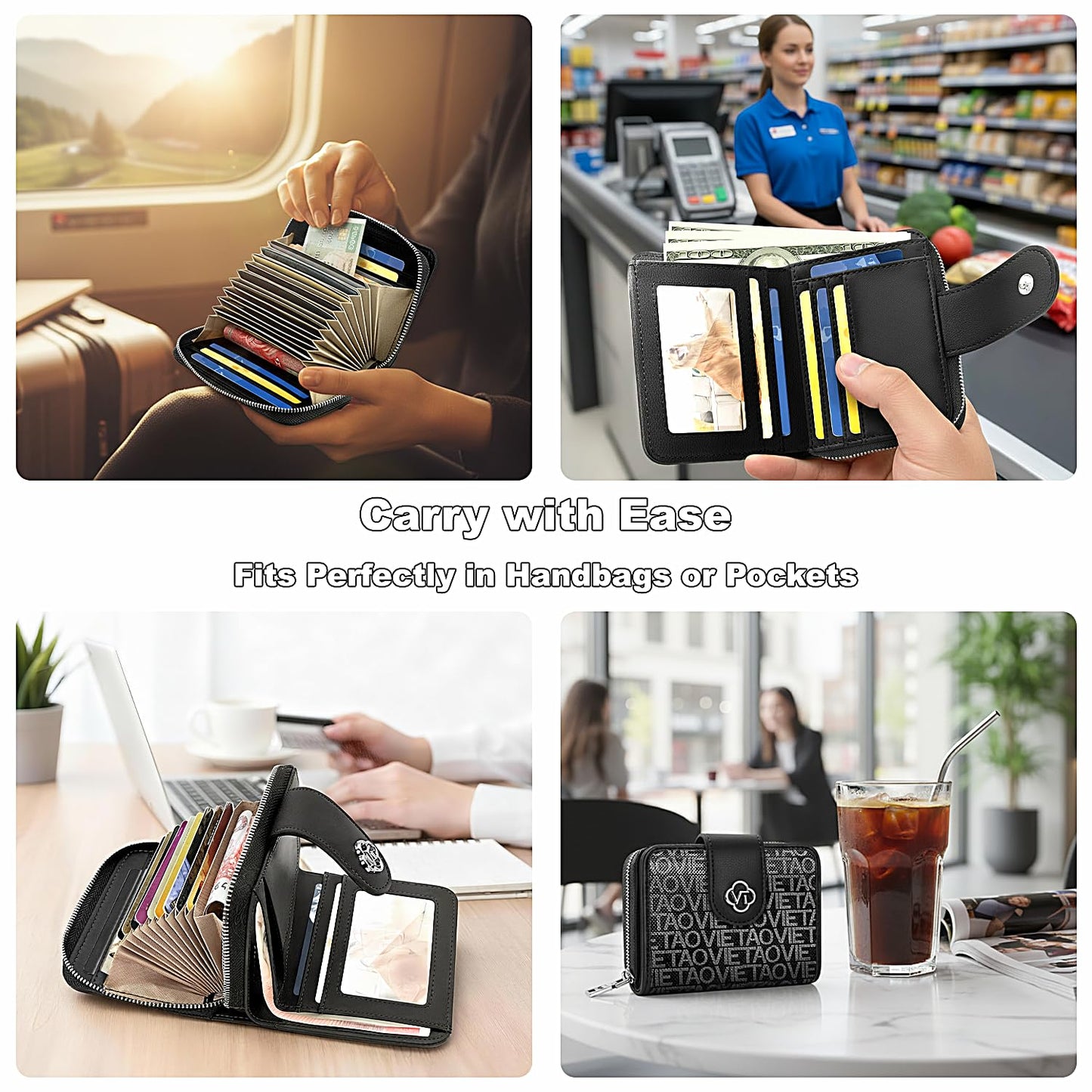 VelaStyle Credit Card Wallets for Women, Leather Cardholder with Zipper Around, Small Rfid Ladies Wallet, Accordion Compact Bifold Purse for Travel, 19 Card Slots, ID Window, Cash Organizer - Black