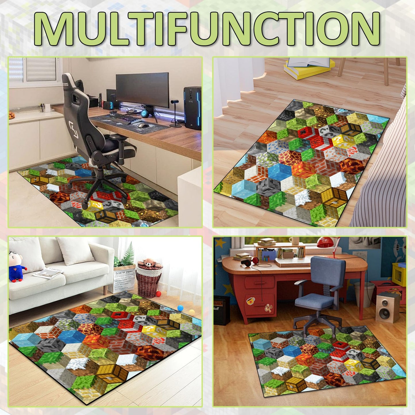 Block Game Rug Teen Boys Carpet with Pixel Games Element Decoration Mat, Cube Block Game Rugs for Boy’s Bedroom Living Room Playroom, Non-Slip Children Gaming Area Rugs (60" x 40")