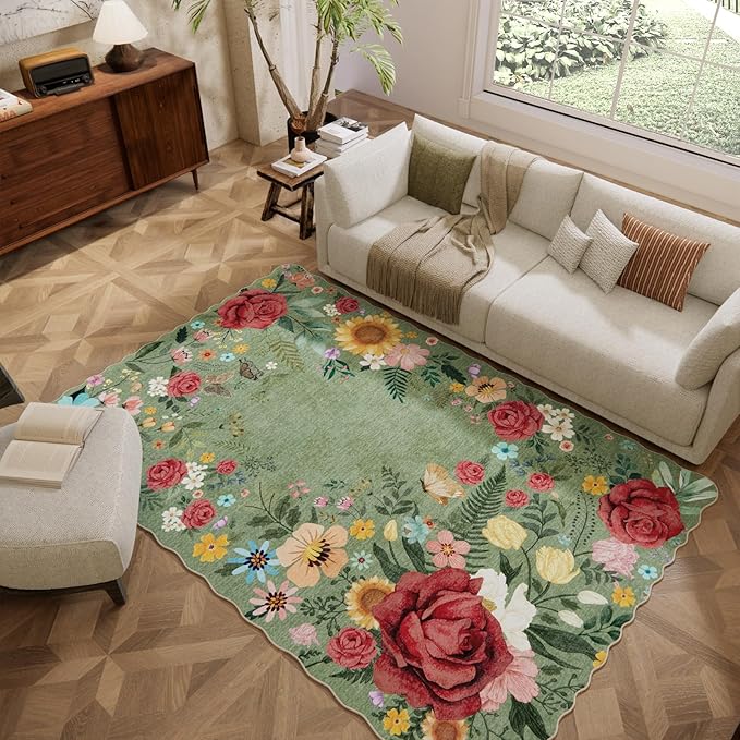 Washable Rugs for Living Room: 6x9 Area Rugs for Bedroom Soft Ultra Thin Stain Resistant Non Slip Low Pile Lightweight Vintage Floral Carpet for Dining Room Decor (Green)