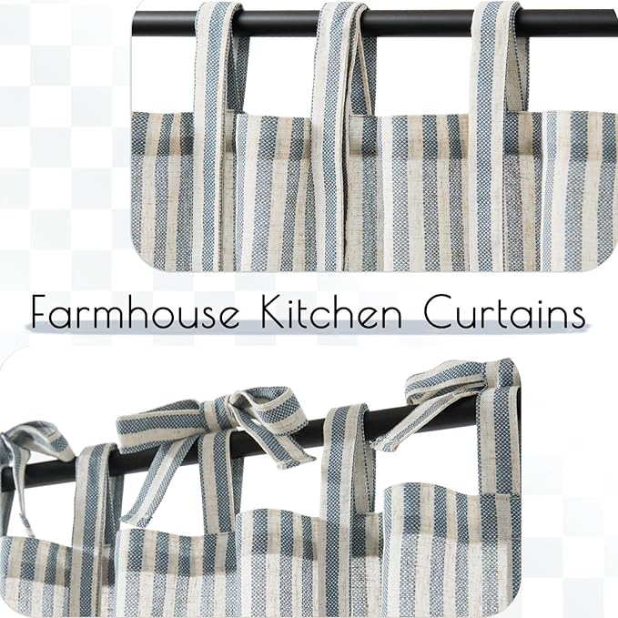 jinchan Tie Top Linen Kitchen Curtains 36 Inches Striped Tier Curtains Farmhouse Modern Cafe Style Small Window Treatments Airy Light Filtering Rod Pocket for Living Room Bathroom 2 Panels Blue