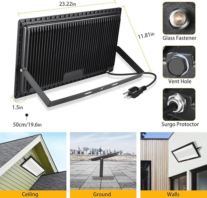 2 Pack 600W LED Flood Light Outdoor,(3060W Equivalent),67600LM 5000K Daylight White Super Bright LED Arena Light with Plug,85-277V IP66 Waterproof Commercial Lighting for Fields,Counts,Stadium