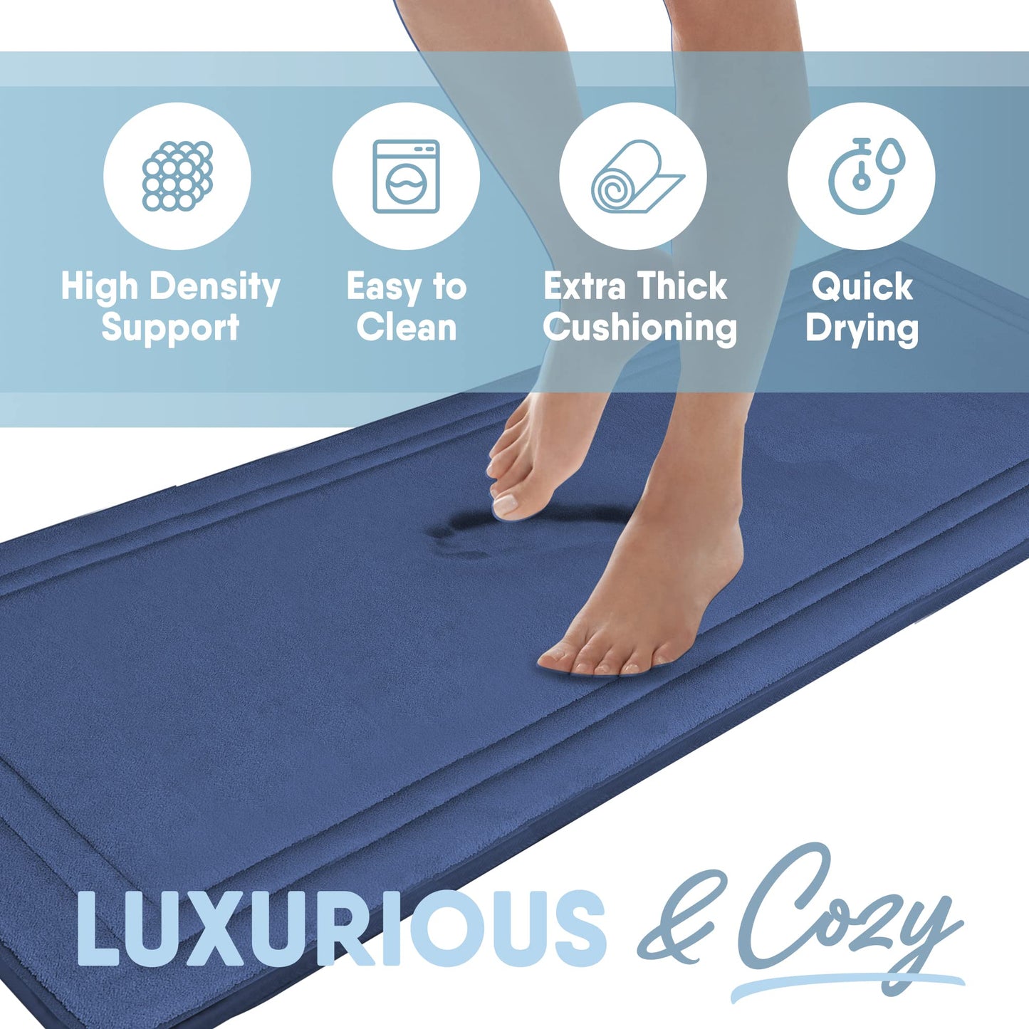 MICRODRY Quick Drying Memory Foam Framed Bath Mat with GripTex Skid-Resistant Base, Runner - 24x58, Blue