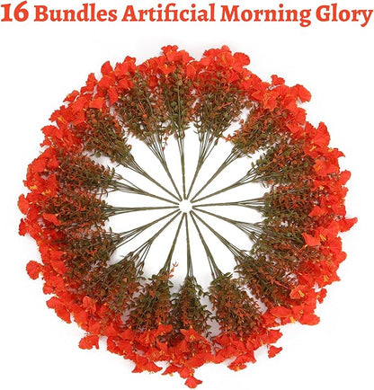 Geegoods Artificial Fall Flowers Outdoor – 16 Bundles Morning Glory with Eucalyptus, UV Resistant Faux Plants for Porch, Patio, Front Door & Garden Planter Boxes | Lifelike Autumn Decoration