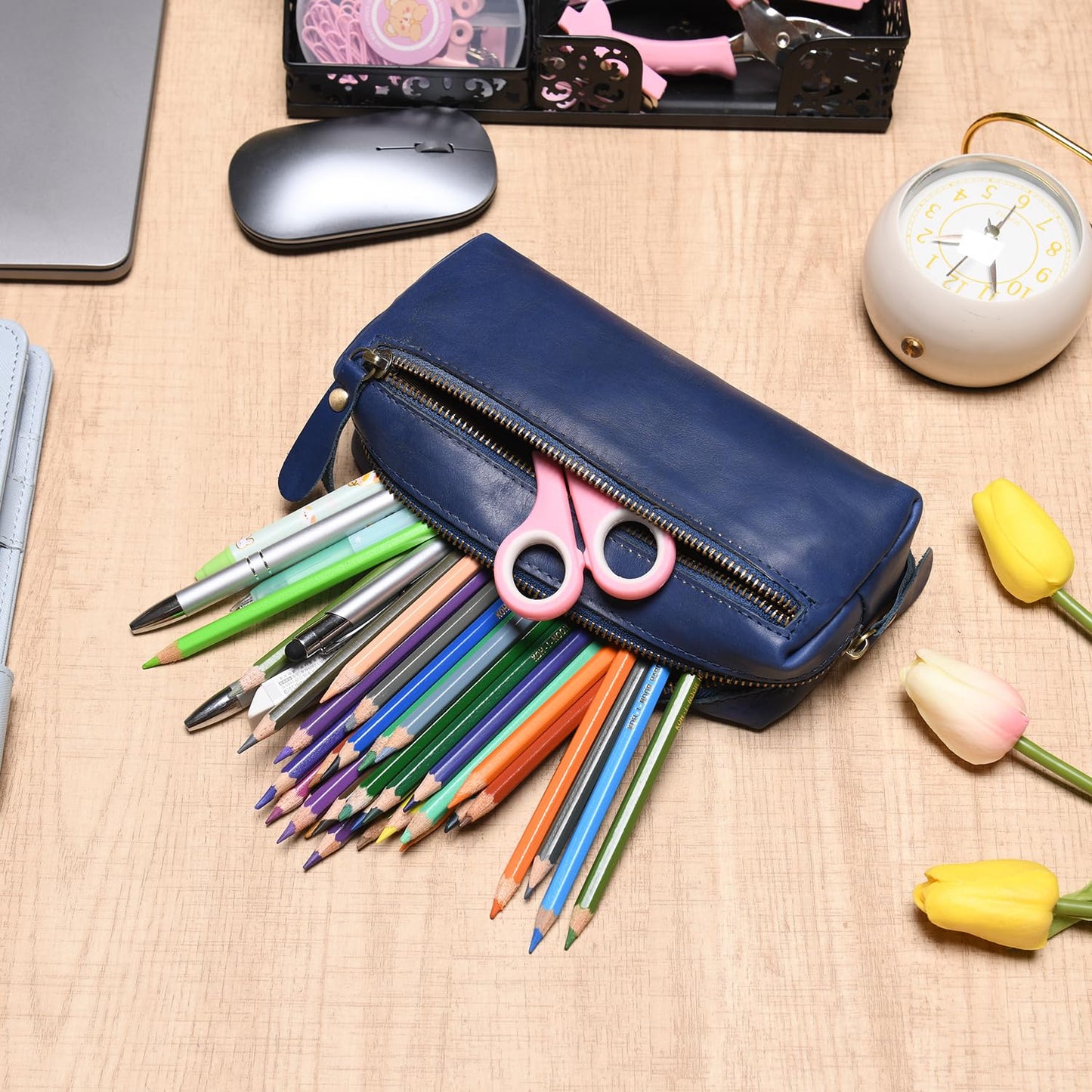 Wonderpool Pen Case Real Leather Pencil Pouch Markers Holder Big Capacity Bag with Side Zippered Pocket Sleeve for Stationery Makeup Utensils Organizer (Blue)