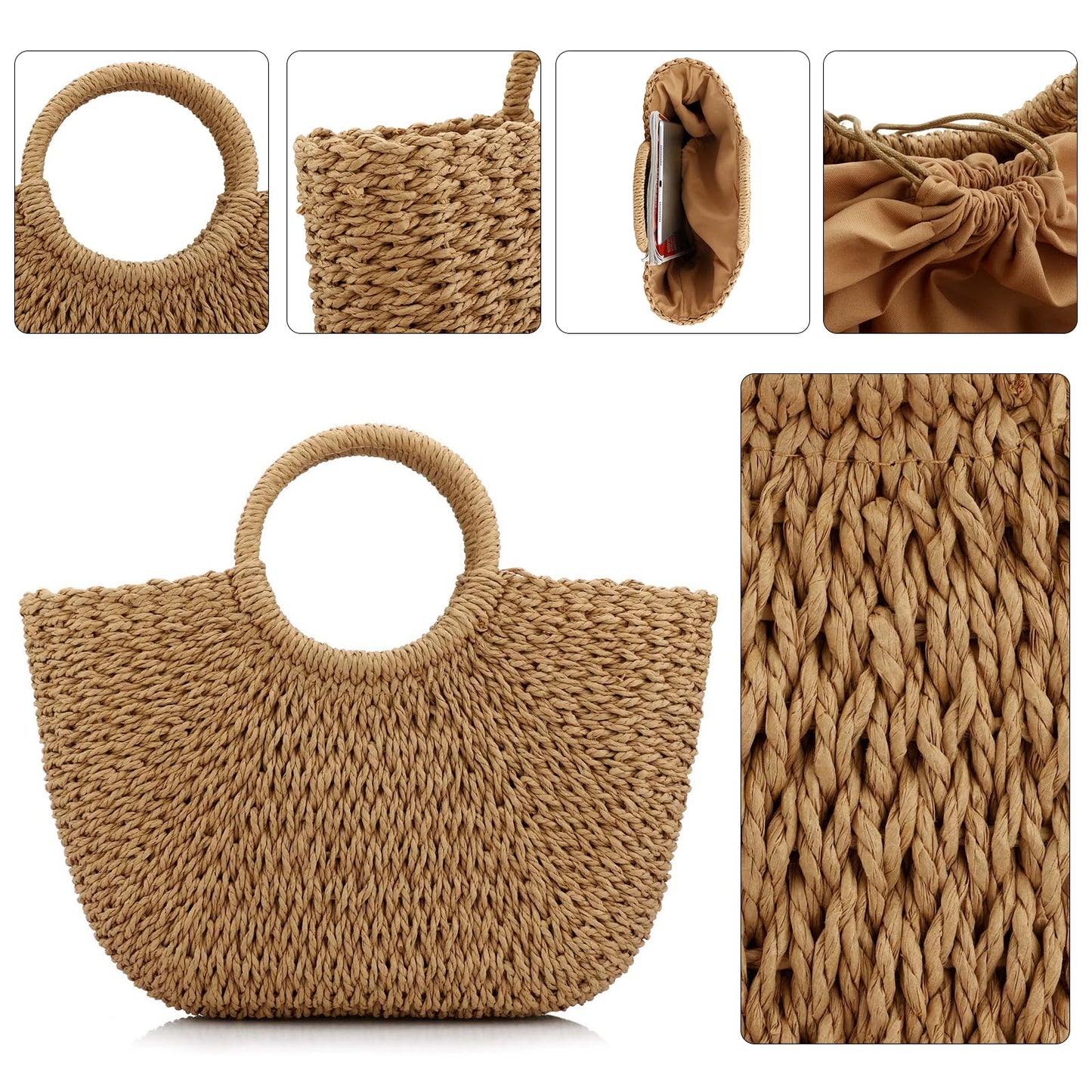 Women Summer Beach Bag, Straw Handbag Top Handle Big Capacity Travel Tote Purse Hand Woven Straw Large Hobo Bag (Brown)