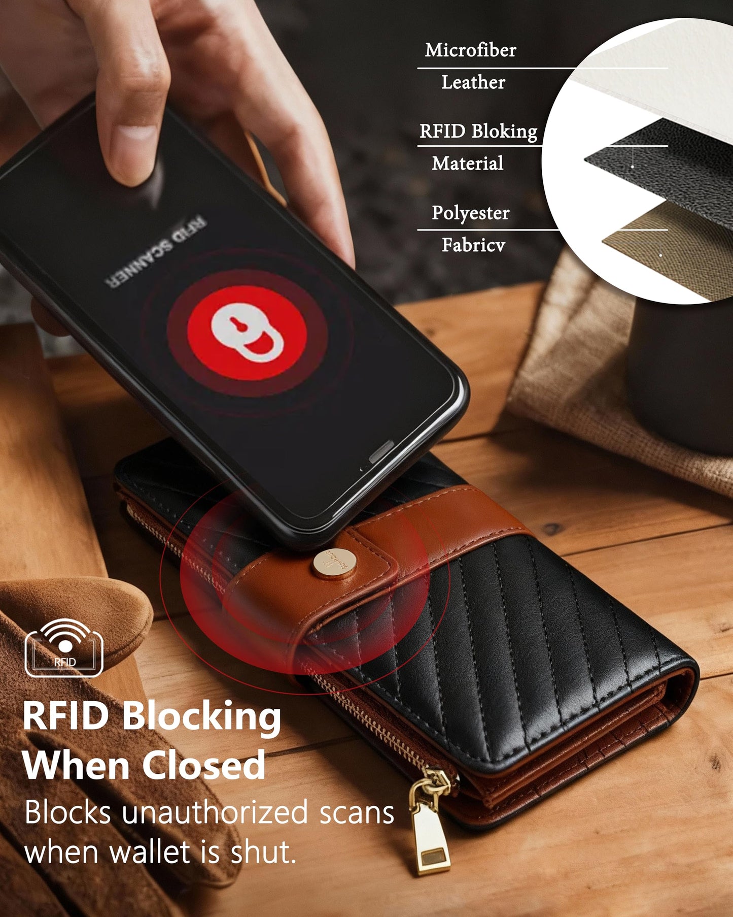Sunpour Wallets for Women RFID Blocking Trifold Wallet, Large Capacity Leather Ladies Wallet with Credit Card Holder and Zipper Pocket