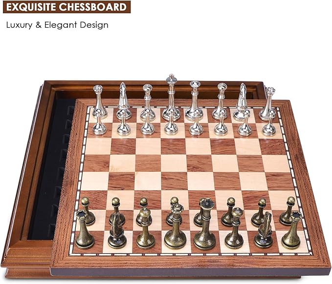 AMEROUS Wooden Chess Board Set with Pieces Storage for Adults Kids 12.5 Inch Chess Set with Metal Pieces Unique Chess Game for Tournament Professional Beginner