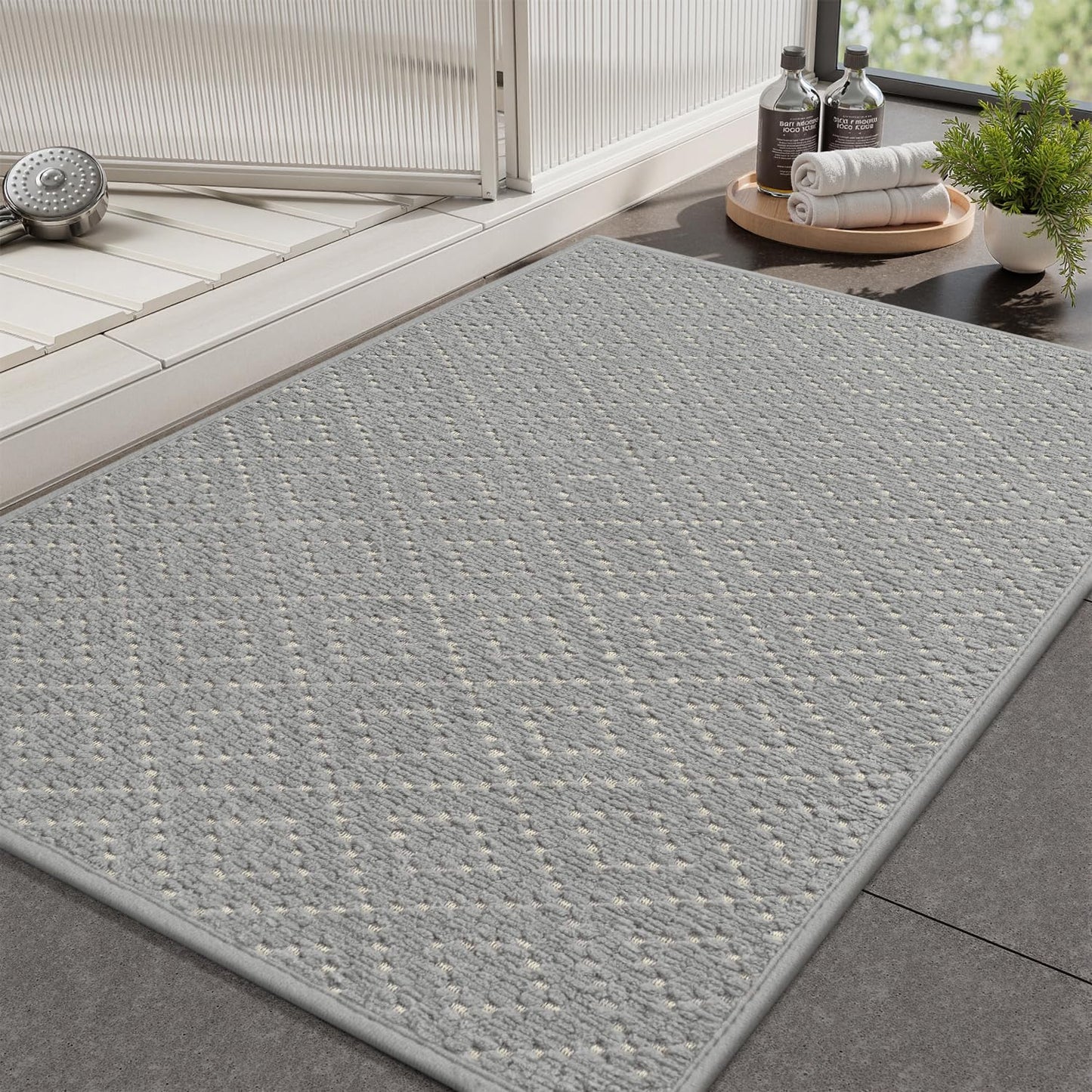 AMOAMI Thin Bath Mat, Super Absorbent Bath Mats for Bathroom, Quick Dry Rubber Backed Bath Rug Non Slip, Chenille Surface Thin Bathroom Rugs Fit Under Door,Low Pile Shower Rug,Grey,17" x 28"