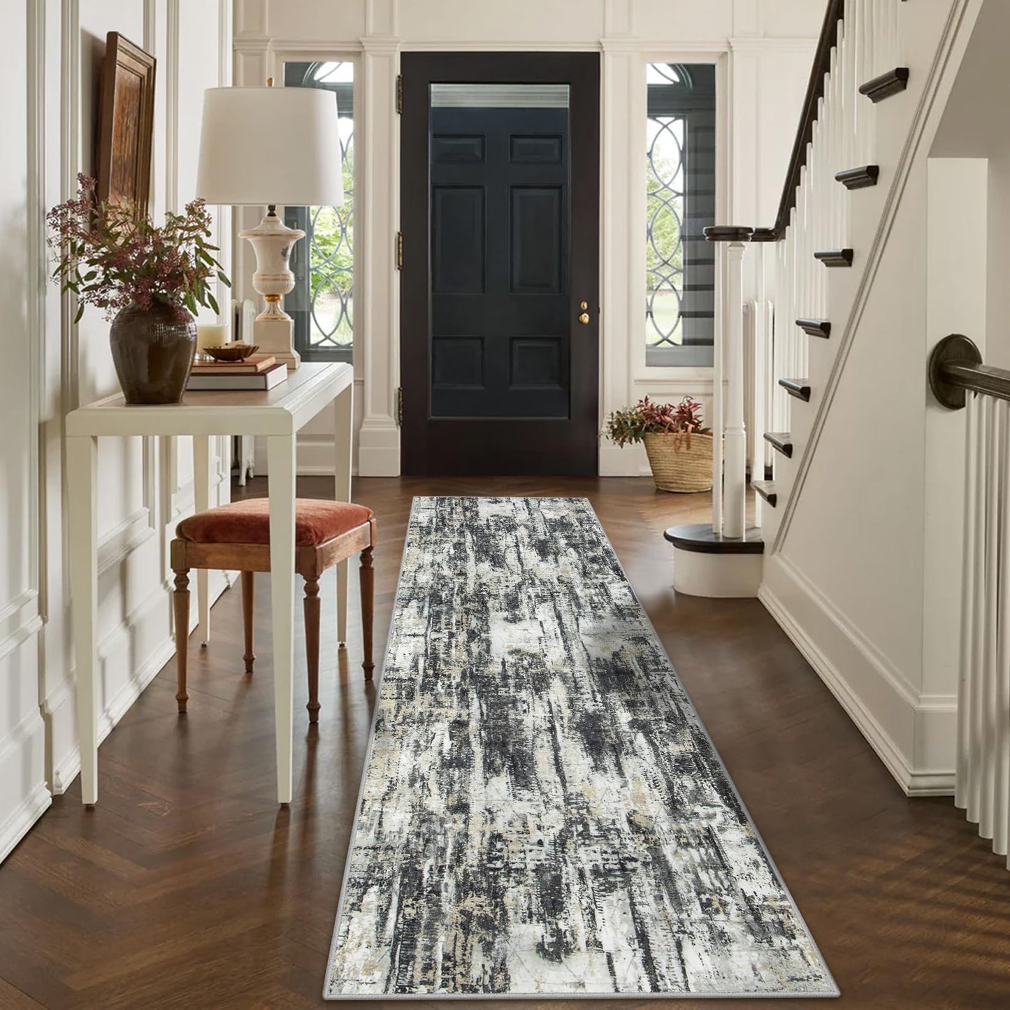 2'6''x8' Runner Rugs Washable Rug: Modern Abstract Hallway Runner Rug Indoor Soft Low Pile Thin Carpet Anti-Skid Non-Shedding Carpets for Kitchen, Entryway, Laundry, Bedroom - Black Grey Gold