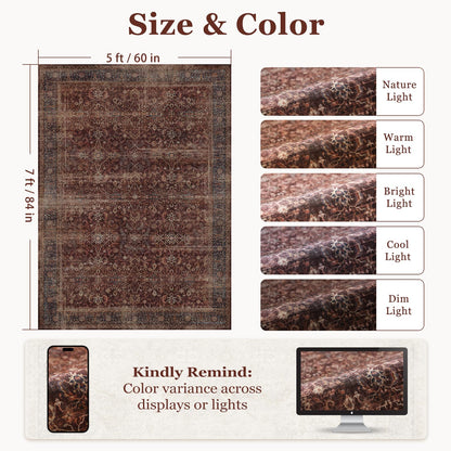 Jainmy Moody Brick Area Rugs 5x7, Distressed Oriental Living Room Rug Washable, Non Slip Low Pile Thin Carpet Rugs for Bedroom/Dining Room/Home Office/Kitchen, Vintage Brick Red Stain-Resistant