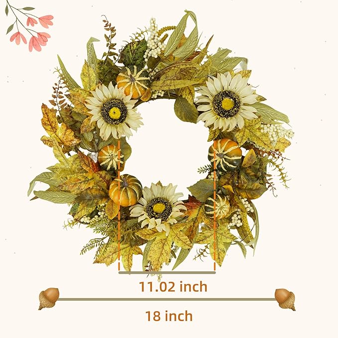 YNYLCHMX 18" Fall Wreaths for Front Door, Artificial Autumn Wreath with Sunflower Pumpkin and Berries for Home Porch Window Wall Farmhouse Decor, Indoor Outdoor, Holiday Decor