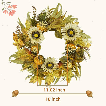 YNYLCHMX 18" Fall Wreaths for Front Door, Artificial Autumn Wreath with Sunflower Pumpkin and Berries for Home Porch Window Wall Farmhouse Decor, Indoor Outdoor, Holiday Decor
