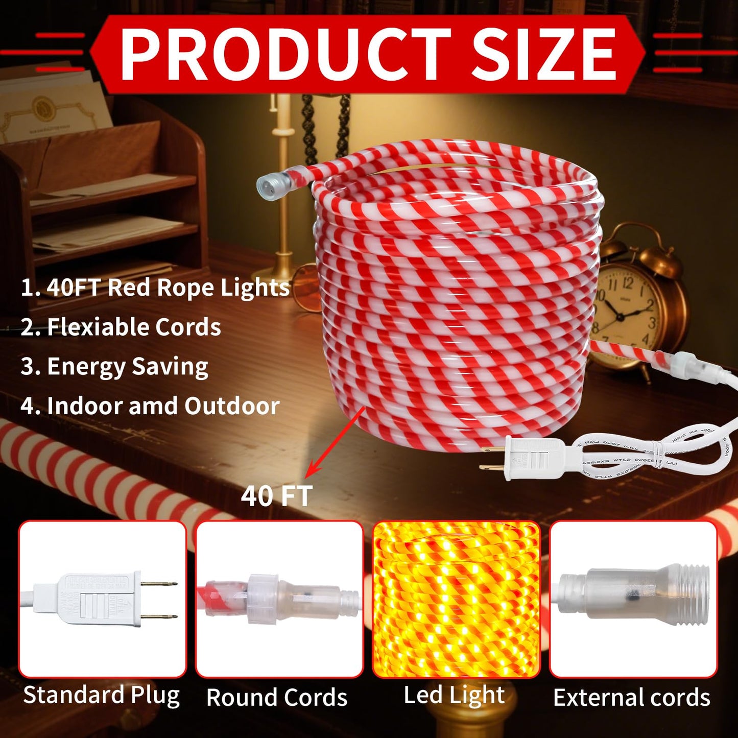 vicktree 360 LED Christmas Candy Cane Rope Lights, 40FT Waterproof Xmas Tree Light, Connectable Tube Light Plug in for Indoor Outdoor Garden Yard Holiday Wedding Festival Party Decoration