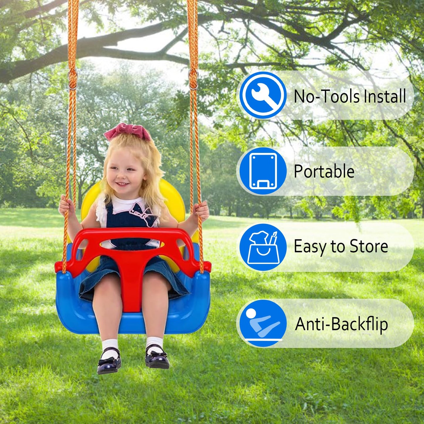 IFOYO 3-in-1 Convertible Kids Swing Seat with Detachable High-Back Support, Secure Indoor Outdoor Playground Swing for Kids