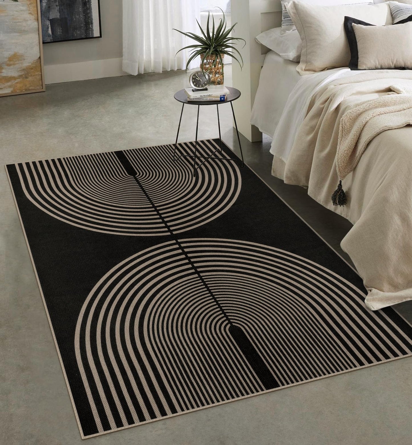 Rugalia Easy Jute 5x7 Outdoor Patio Rug, Washable Black Boho Rainbow Rugs for Living Room, Non-Slip Modern Farmhouse Outdoor Mat Neutral Abstract Floor Carpet for Patio Dining Room Backyard