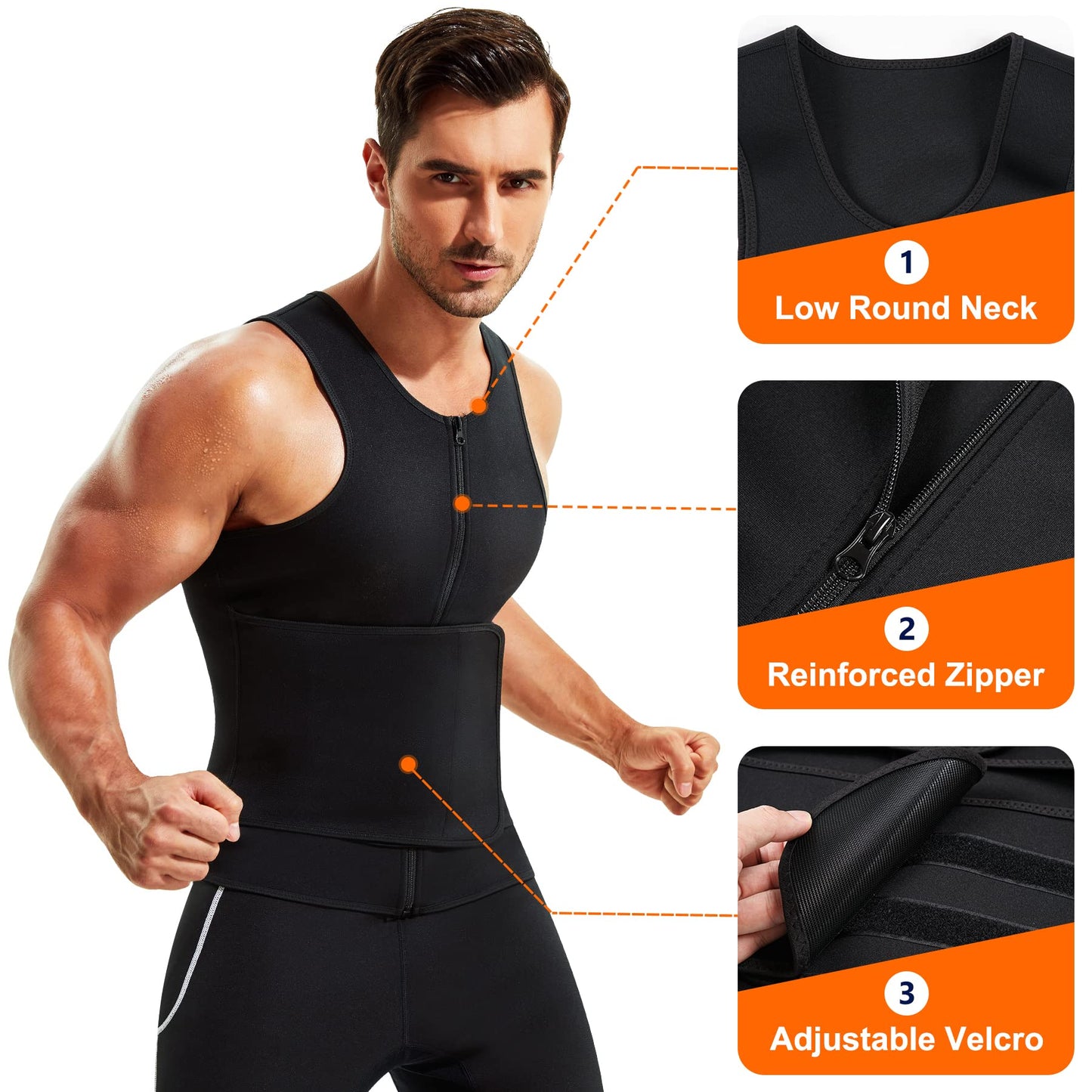 Wonderience Neoprene Sauna Suit for Men Waist Trainer Vest Zipper Body Shaper with Adjustable Belt Tank Top (Black, X-Large)