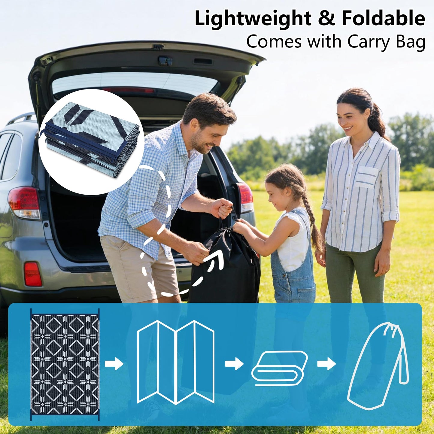 Kohree Outdoor Rug Waterproof 9x12, Reversible RV Outdoor Plastic Straw Rug Patio Mat, Non-Slip Easy Cleaning RV Carpet for Patio Camping Deck Picnic, Backyard, Includes Carry Bag (Blue)