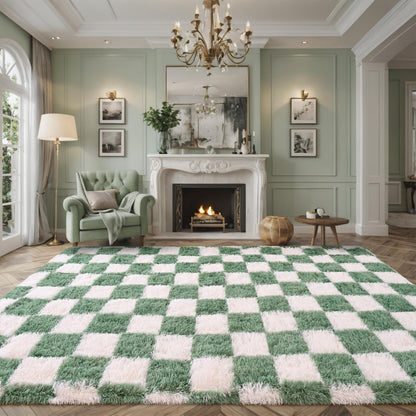 Nuttumico 4x6 Feet Sage Green White Checkered Rug, Fluffy Plaid Area Rug for Bedroom Living Room, Soft Shag Shaggy Carpet for Girls Room, Nursery Dorm, Non-Slip, High Pile