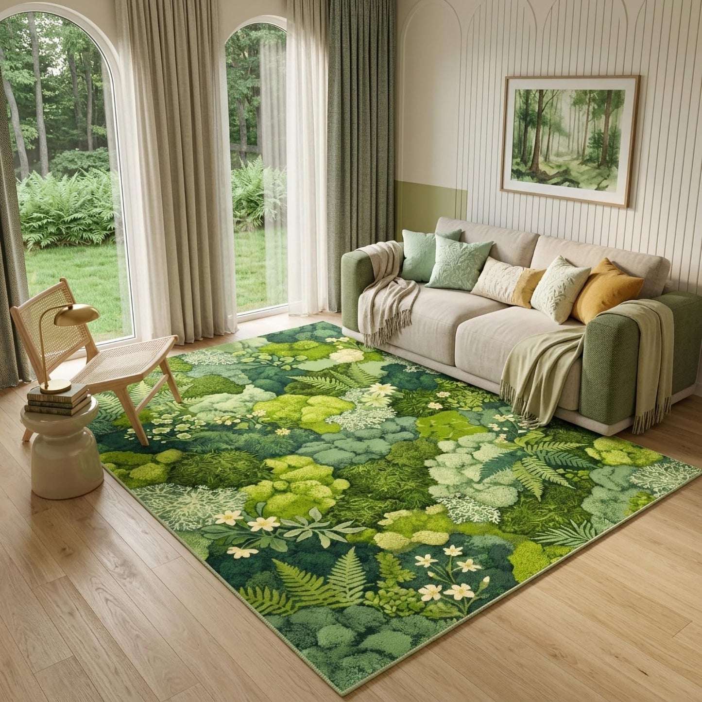 GraceSway CS 5x7 Area Rug, Green Botanical Moss & Fern Print, Faux Cashmere Low Pile, Foldable Non-Slip Rug for Living Room Bedroom, Machine Washable