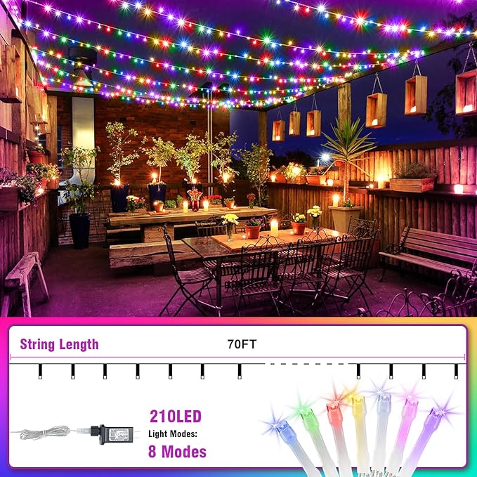 70FT Multicolor String Lights, 210 LED Seasonal Fairy Lights Waterproof with 8 Modes, Indoor Outdoor Decorative Lighting for Christmas Tree, Parties, Wedding, Patio, Garden
