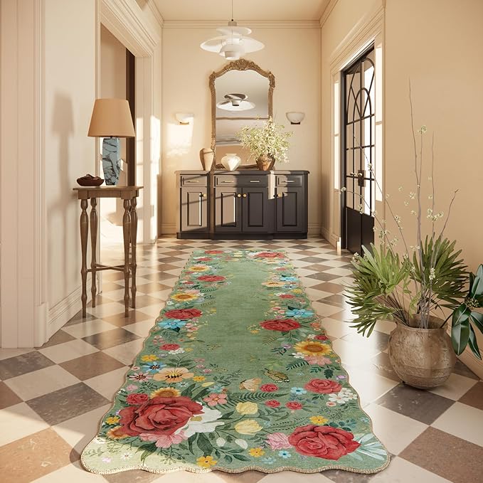 Kitchen Rug Runners for Hallways: 2'6''x10' Washable Runner Rugs for Kitchen Ultra Thin Stain Resistant Non Slip Low Pile Lightweight Vintage Floral Carpet for Farmhouse Decor (Green)