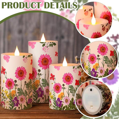 Baquler 3 Pcs Floral Wildflower Pillar Candles Flameless LED Candle Battery Operated Pressed Flower Flickering Candlestick for Wedding Summer Home Table Centerpiece Nature Inspired Party Decoration
